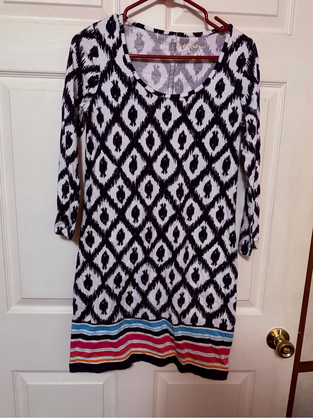 Navy blue  & White Ikat Stripe-Hem Shift Dress